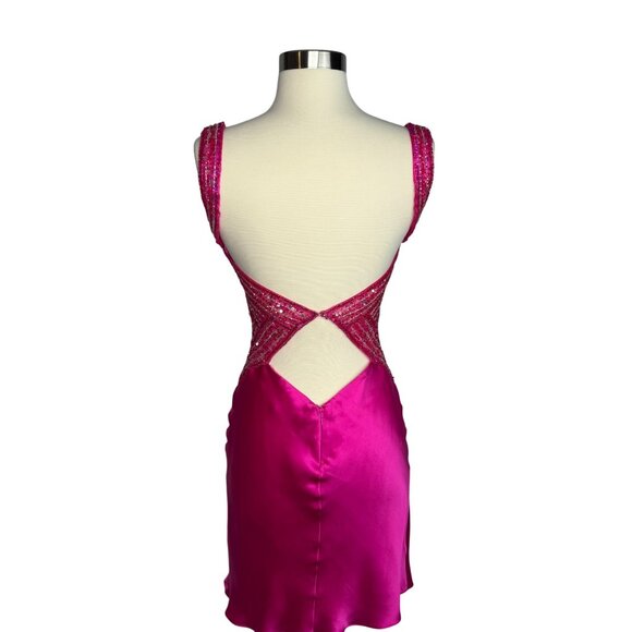 Vintage Y2K Jovani Fuchsia Silk Beaded Backless Cocktail Dress Size‎ 2 MobWife - Picture 10 of 16